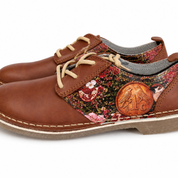 LACE UP PRINT brown leather vellies with floral print panel and coin detail on white background