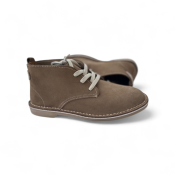 dark brown suede vellies with lace-up design and stitched sole on white background